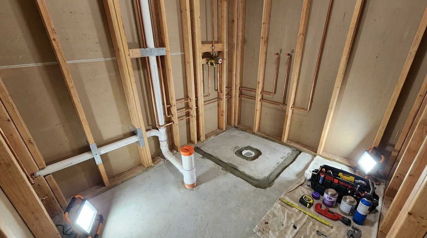 Bathroom rough-in plumbing during remodel by Johns Plumbing LLC in Lamoni