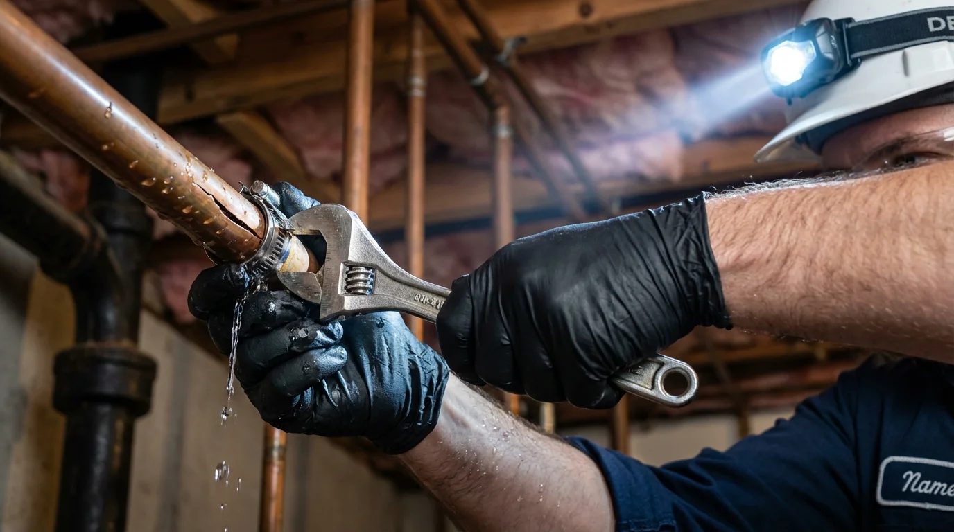 Emergency pipe clamp repair being performed by a Johns Plumbing LLC plumber in Lamoni