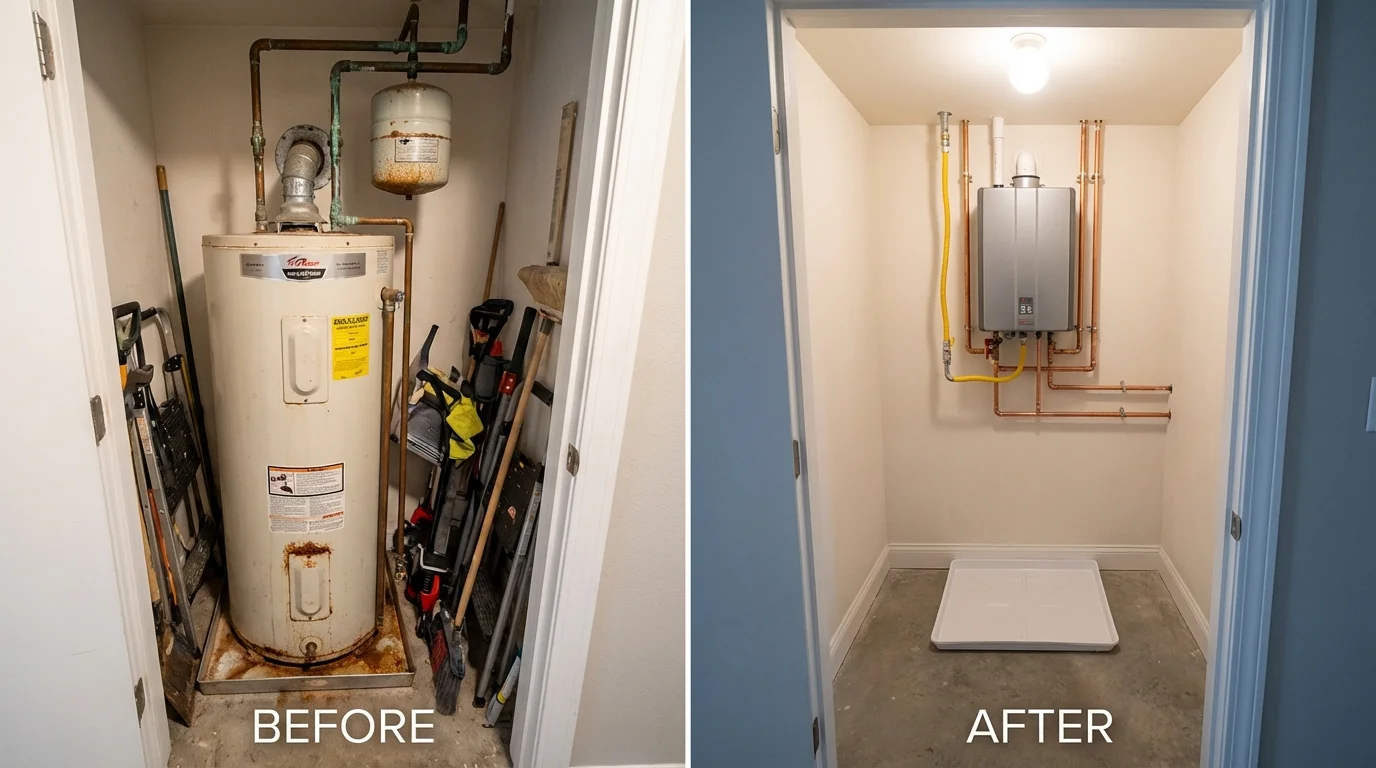 Tank water heater versus wall-mounted tankless unit comparison for Lamoni, IA homeowners
