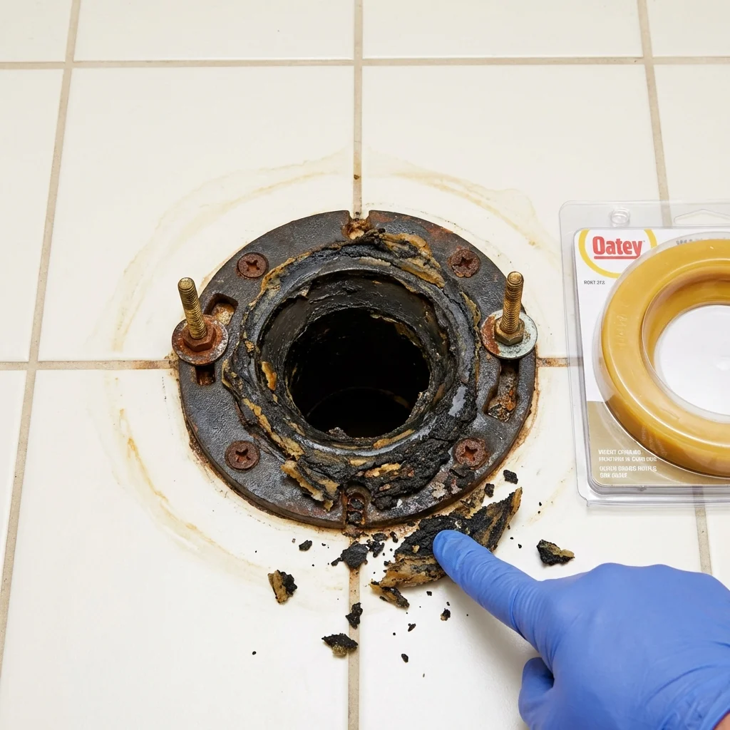 Failed wax ring showing water seepage at the base of a toilet in a Lamoni, IA home