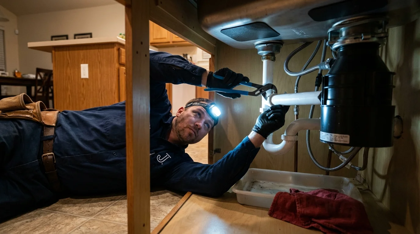 P-trap and supply line connections under a kitchen sink showing a common leak point in Lamoni, IA